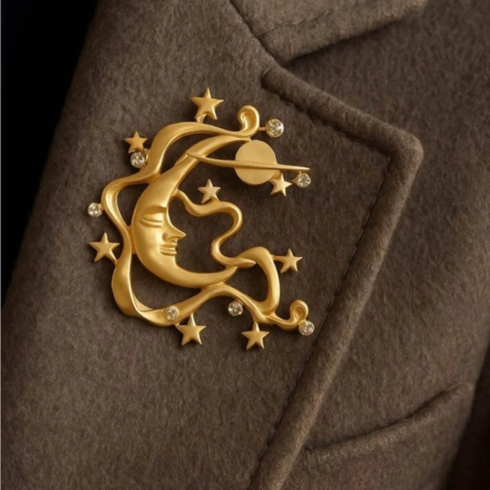 Retro Matte Gold Celestial Brooch Moon Star Face Pin Surreal Art Deco‎ Jewelry